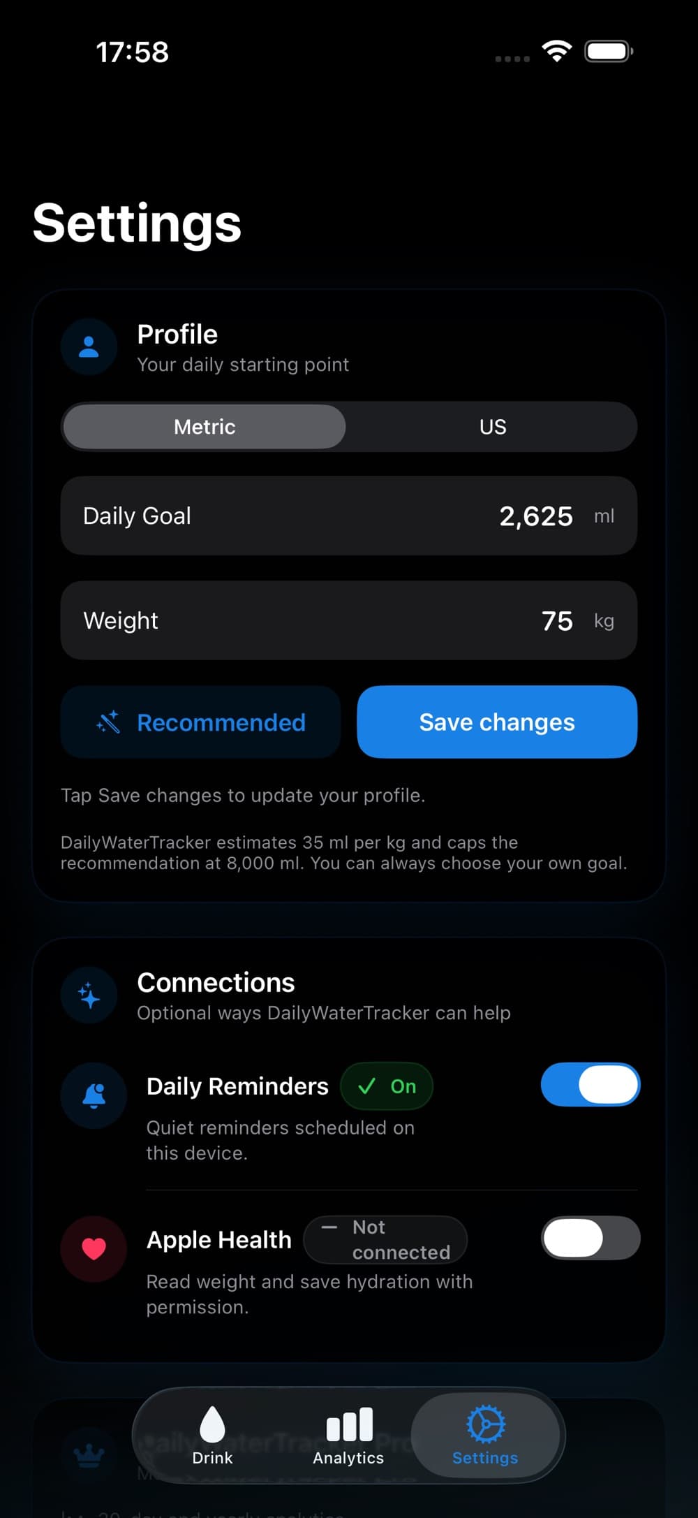 Daily Water Habit app interface screenshot 2