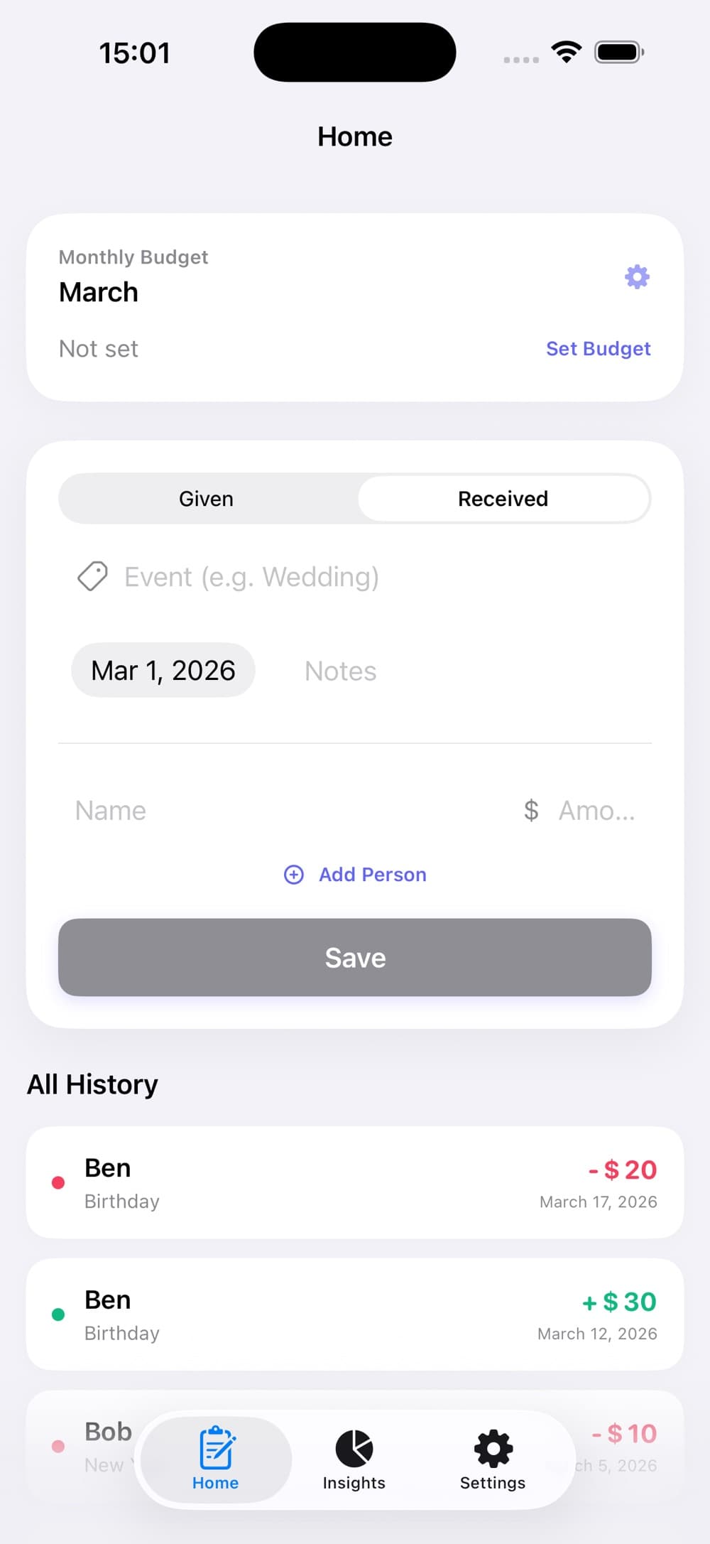 Gift Money Ledger app interface screenshot 2