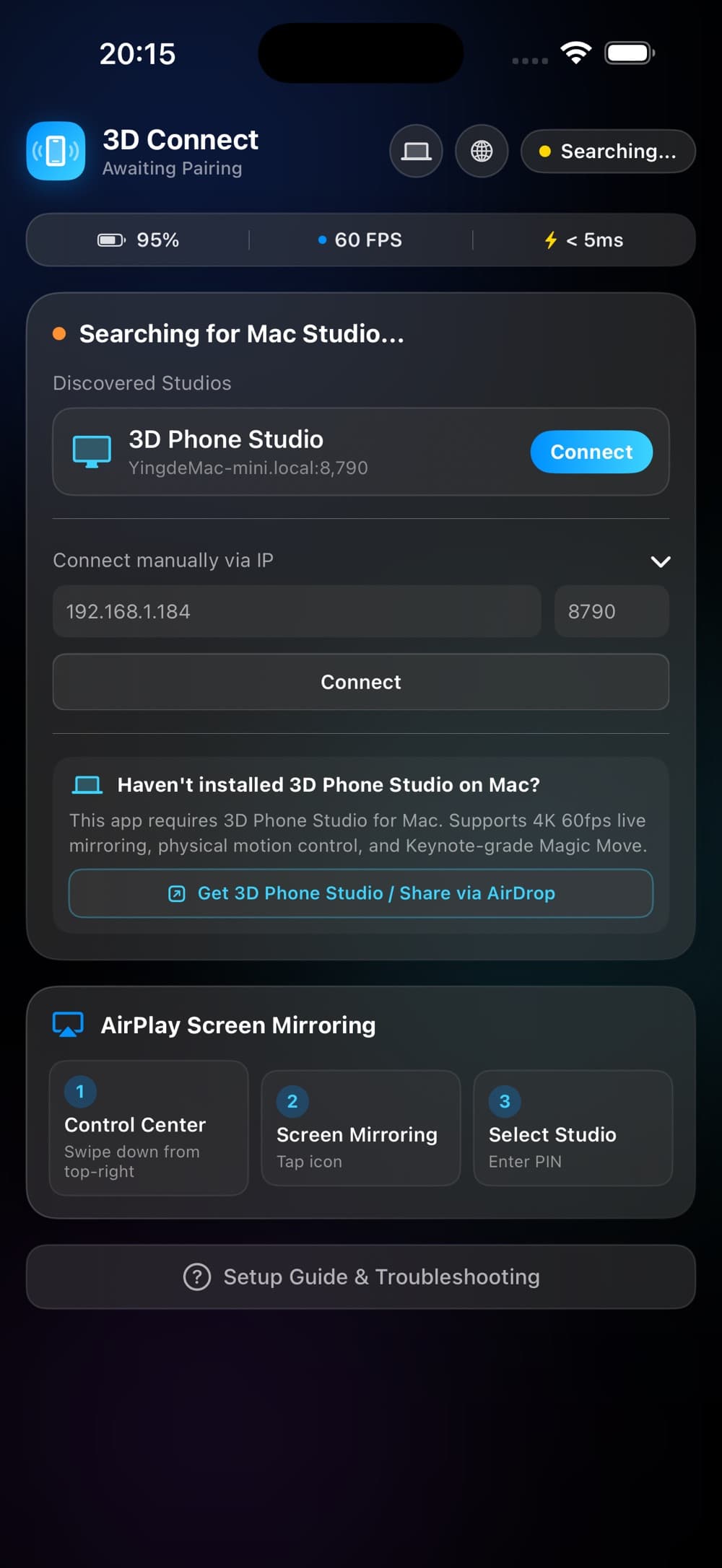 3D Phone Connect app interface screenshot 1