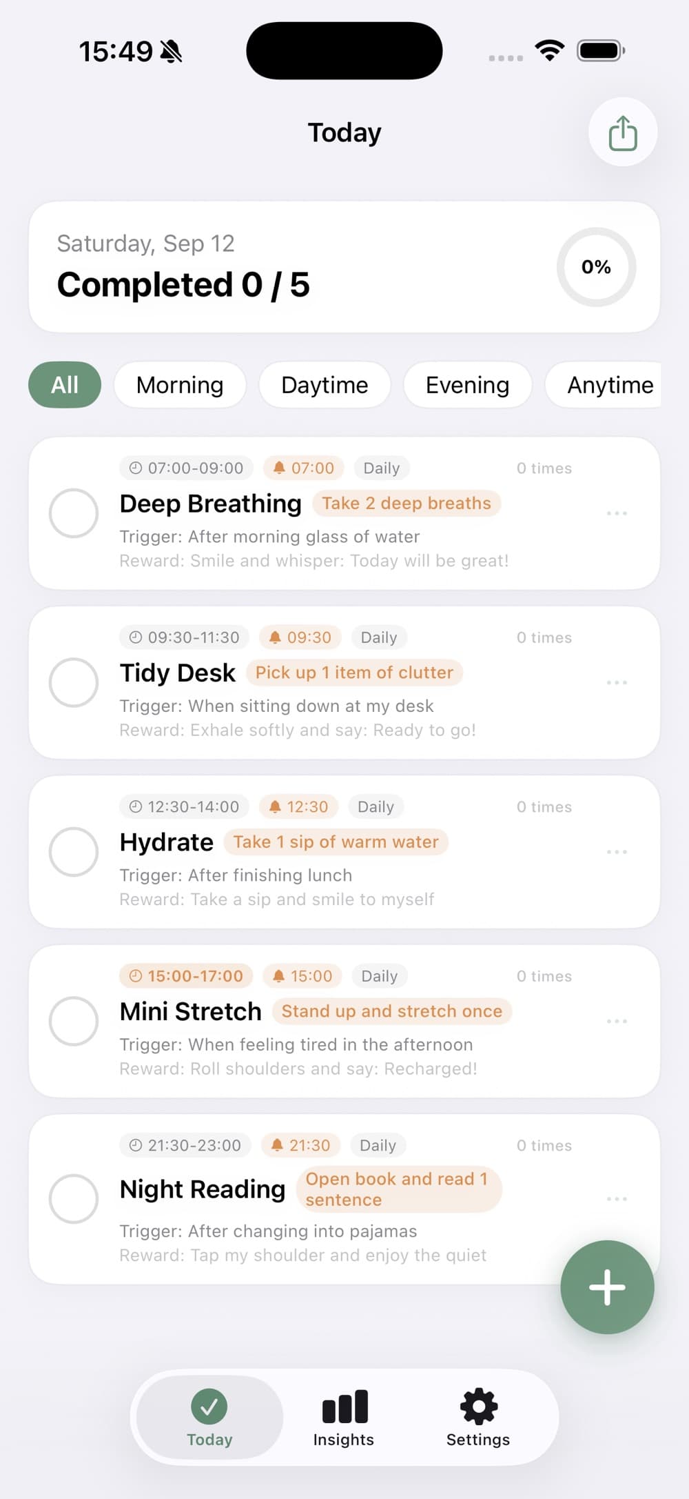 TinyHabit Today app interface screenshot 1